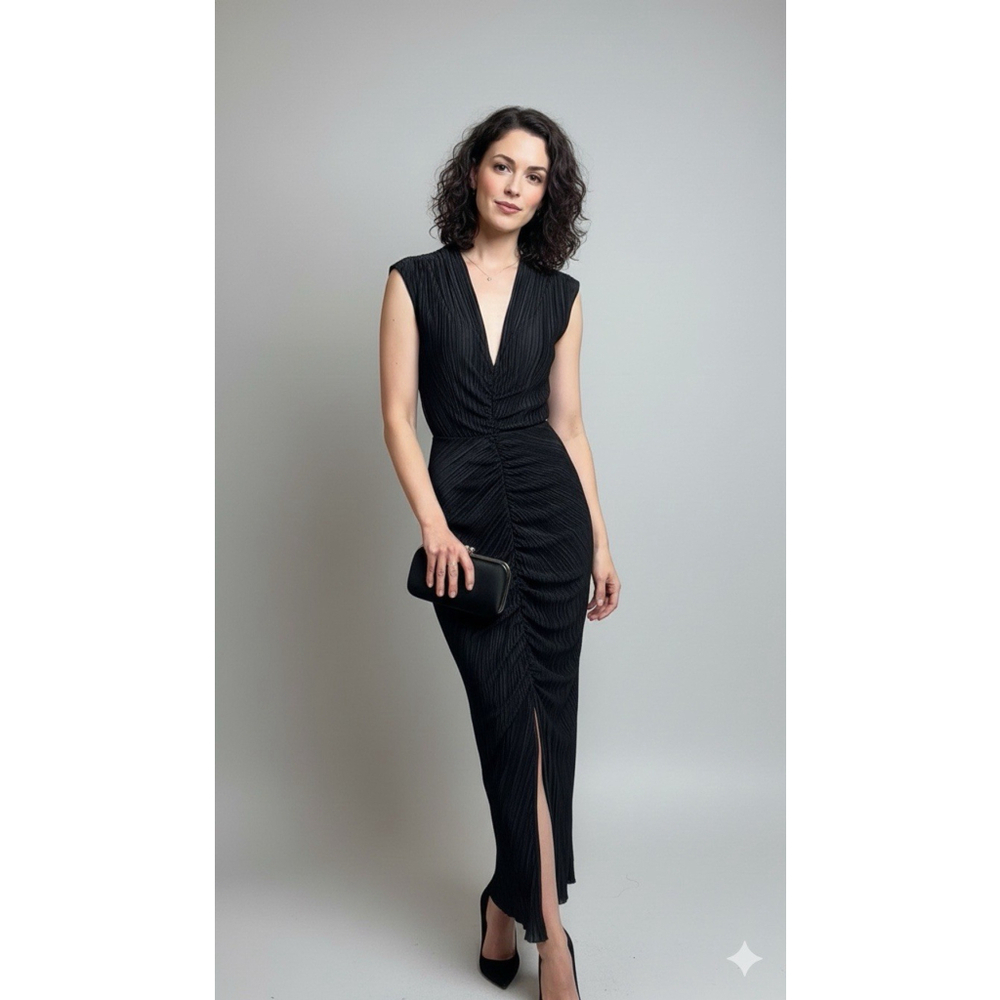 Good American Pleated Midi Dress Black Sleeveless V-Neck Ruched NWT